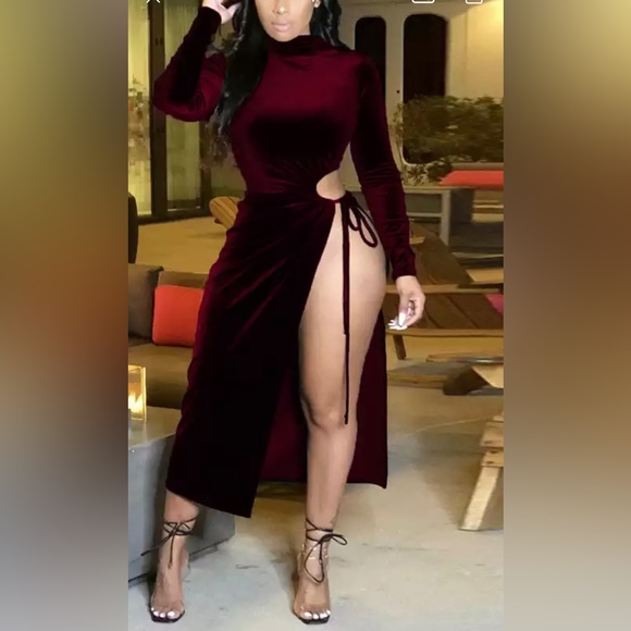 Dresses & Skirts - Women Long Sleeve Skinny Sexy Thigh Slit Dress  Hollow Out Ankle Length